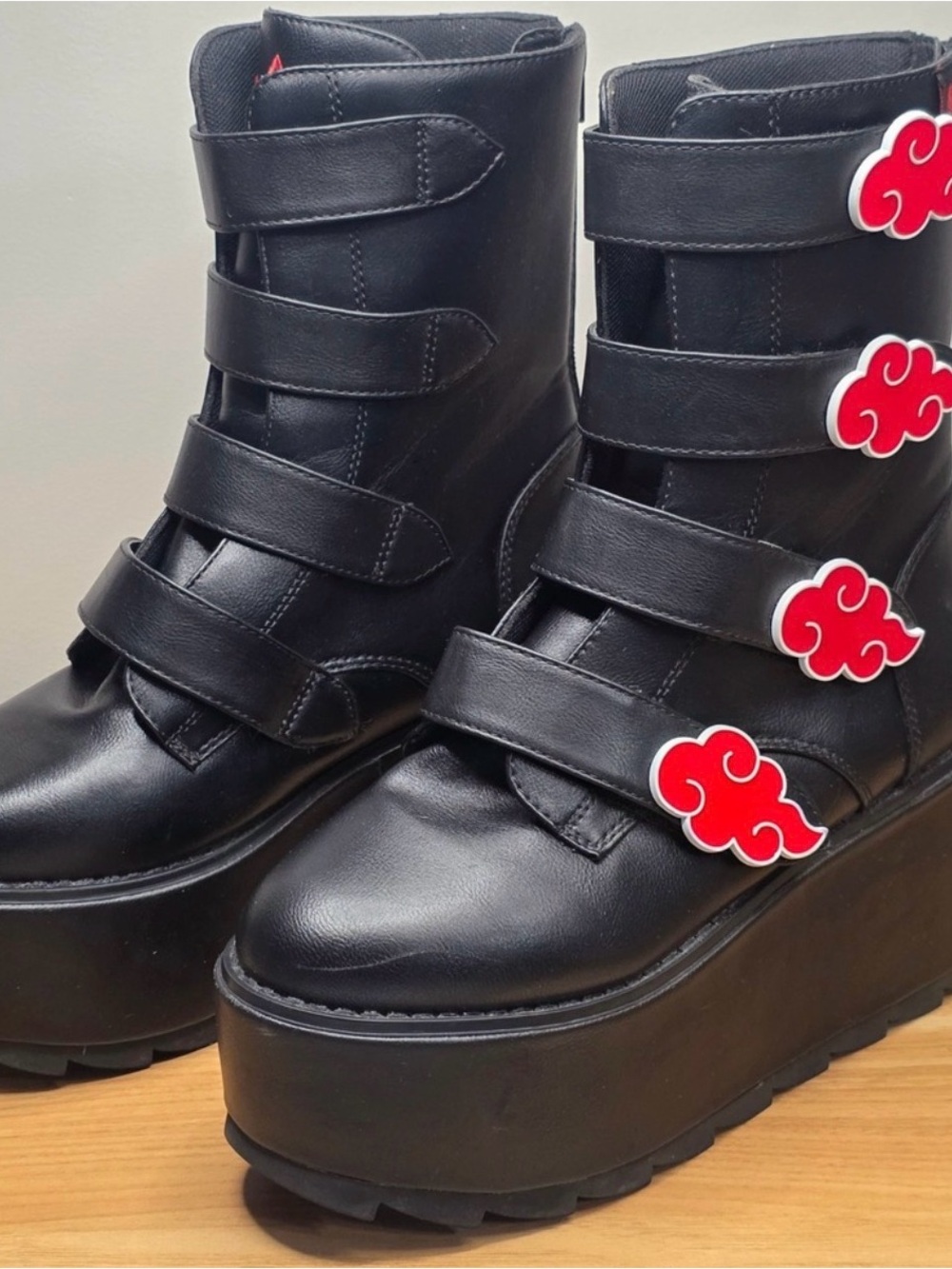 Naruto Black Platform Strap Boots YRU Karma Akatsuki Red Clouds - Women size 7